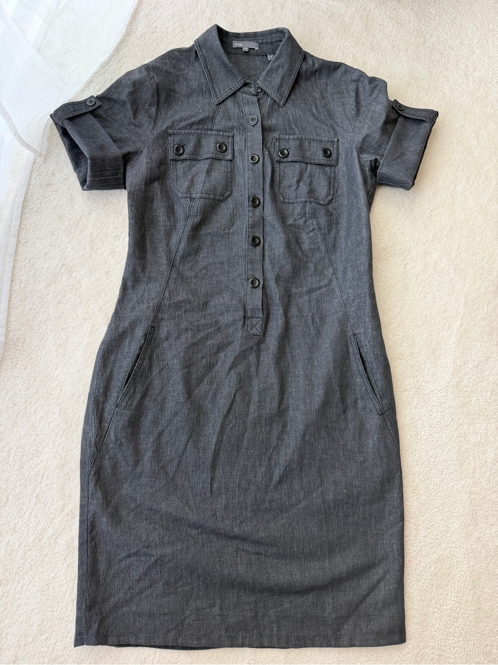 Vince Charcoal Gray Front Button Denim Shirt Dress w/ Short Adjustable Sleeves